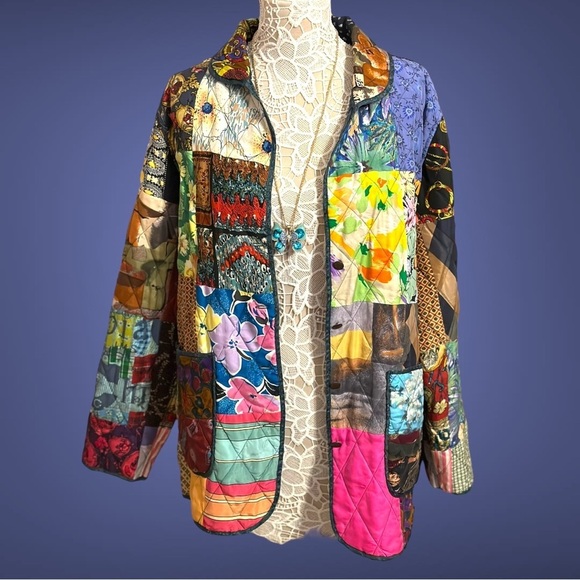 Stunning Volup Vintage 220 Hickory Reversible Patchwork Quilted Silk Jacket XL - Picture 6 of 16